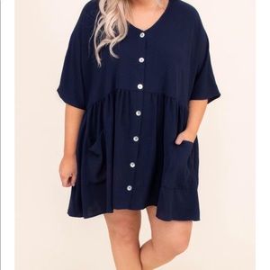 Chic Soul Button Up Babydoll Dress-Navy